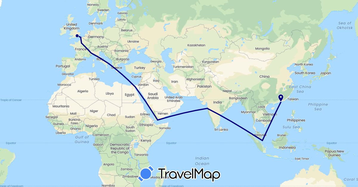 TravelMap itinerary: driving in China, Egypt, France, United Kingdom, India, Italy, Singapore, Yemen (Africa, Asia, Europe)